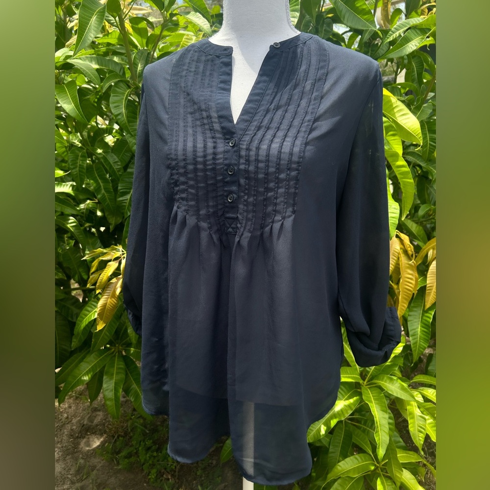Old Navy Blue Pleated Sheer Blouse